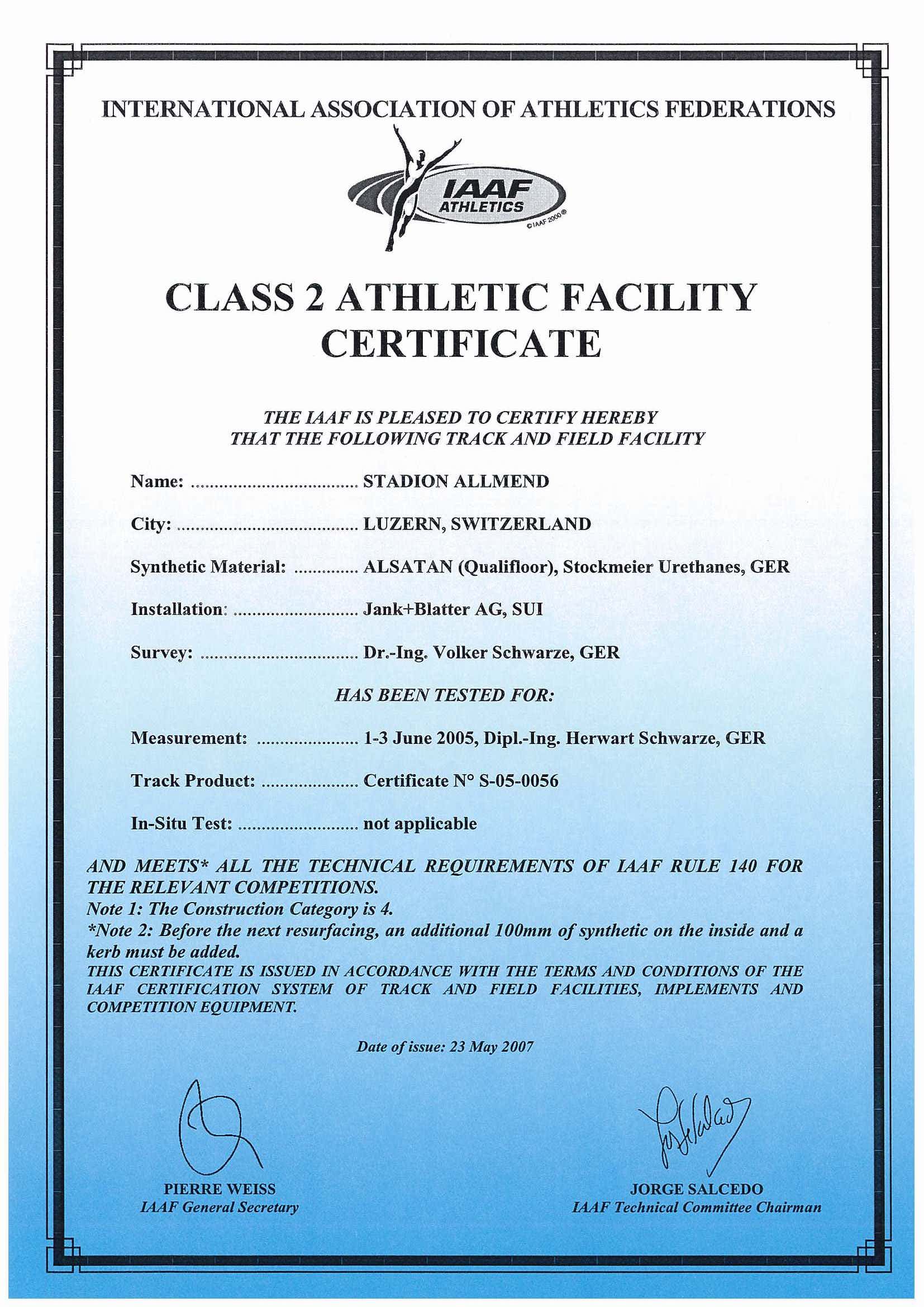 Alsatan IAAF class 2 certificiate from Lucerne Switzerland